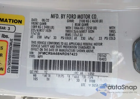 2022 Ford Bronco Sport z USA, uszkodzony, nr VIN 3FMCR9A68NRD97423